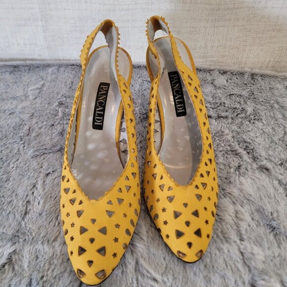 Pancaldi Slingback Heels Womens 9N 3.5" Heel Yellow Cutout Geometric Shapes - Picture 3 of 10